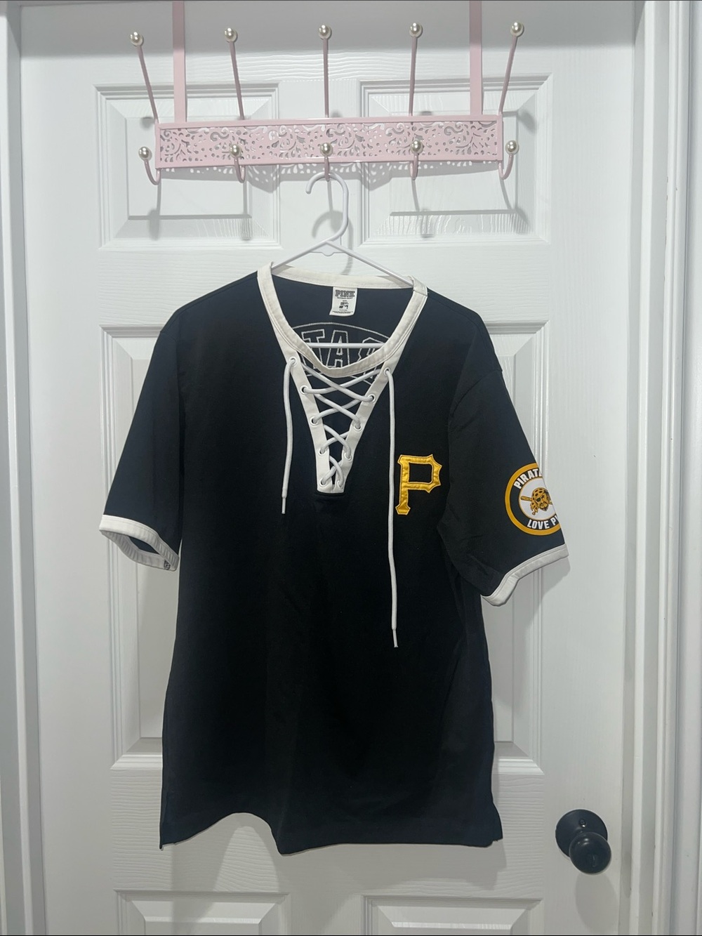 PINK Victoria's Secret Black Lace-Up Hockey Jersey with Yellow Patch